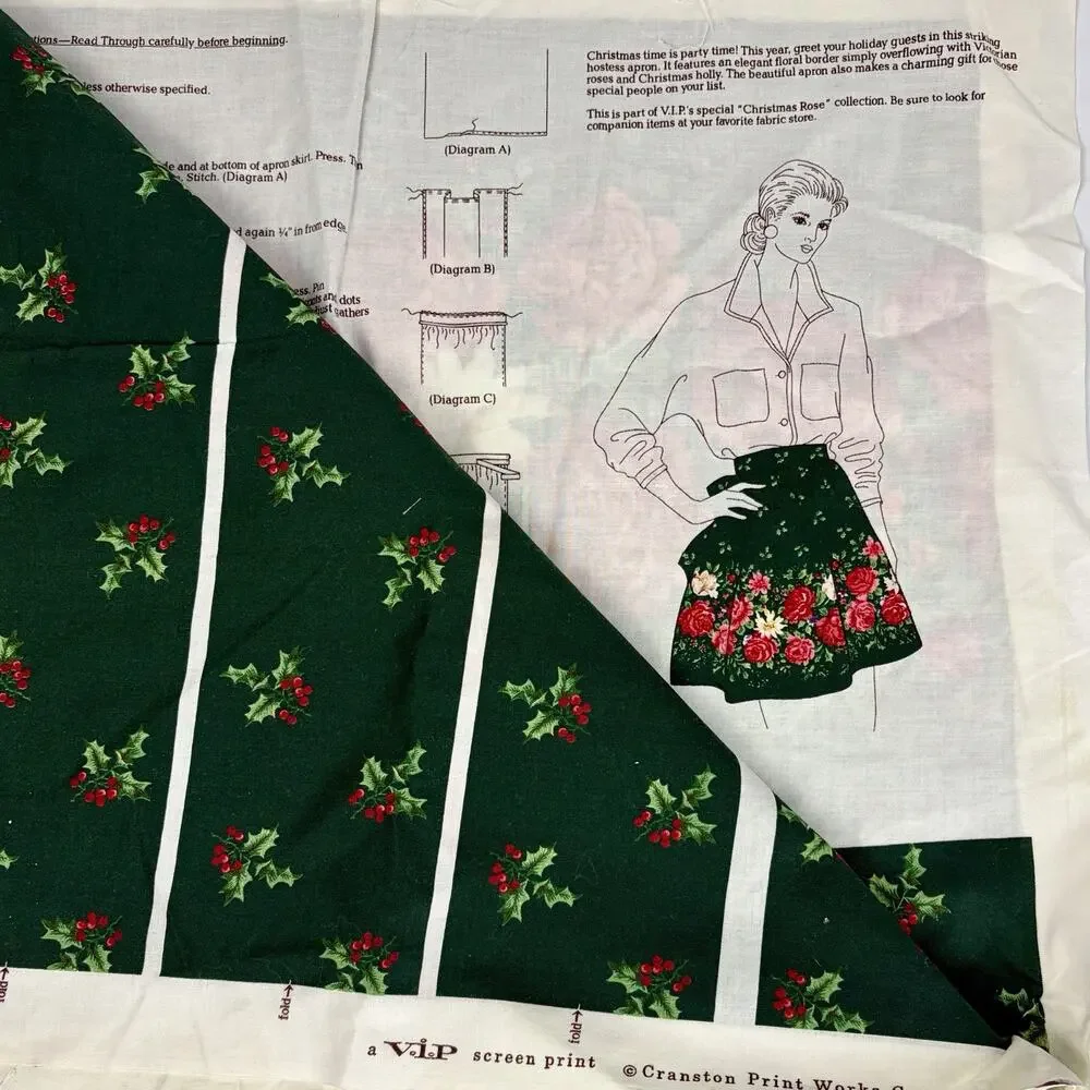 Vtg VIP Christmas Rose Apron Cut & Sew Fabric Panel Floral Holly Holiday Green